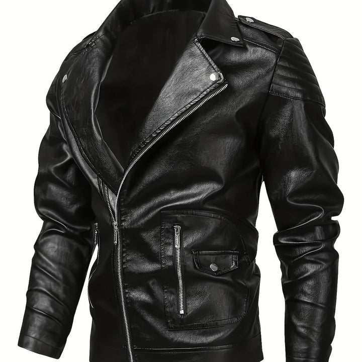 Herr Asymmetrical Biker Jacka Tillverkad av Konstläder med Quiltad Axel Padding och Utility Fickor