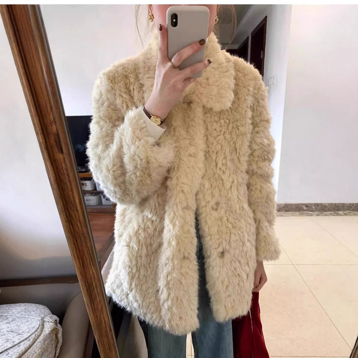 Dam kort teddy Faux Fur kappa med hel krage och Boxy silhuett