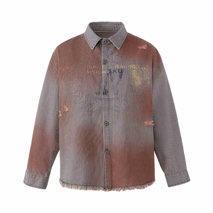 Dam Overshirt Jacka Gjord av Randig Denim med Fringes och Used Detaljer