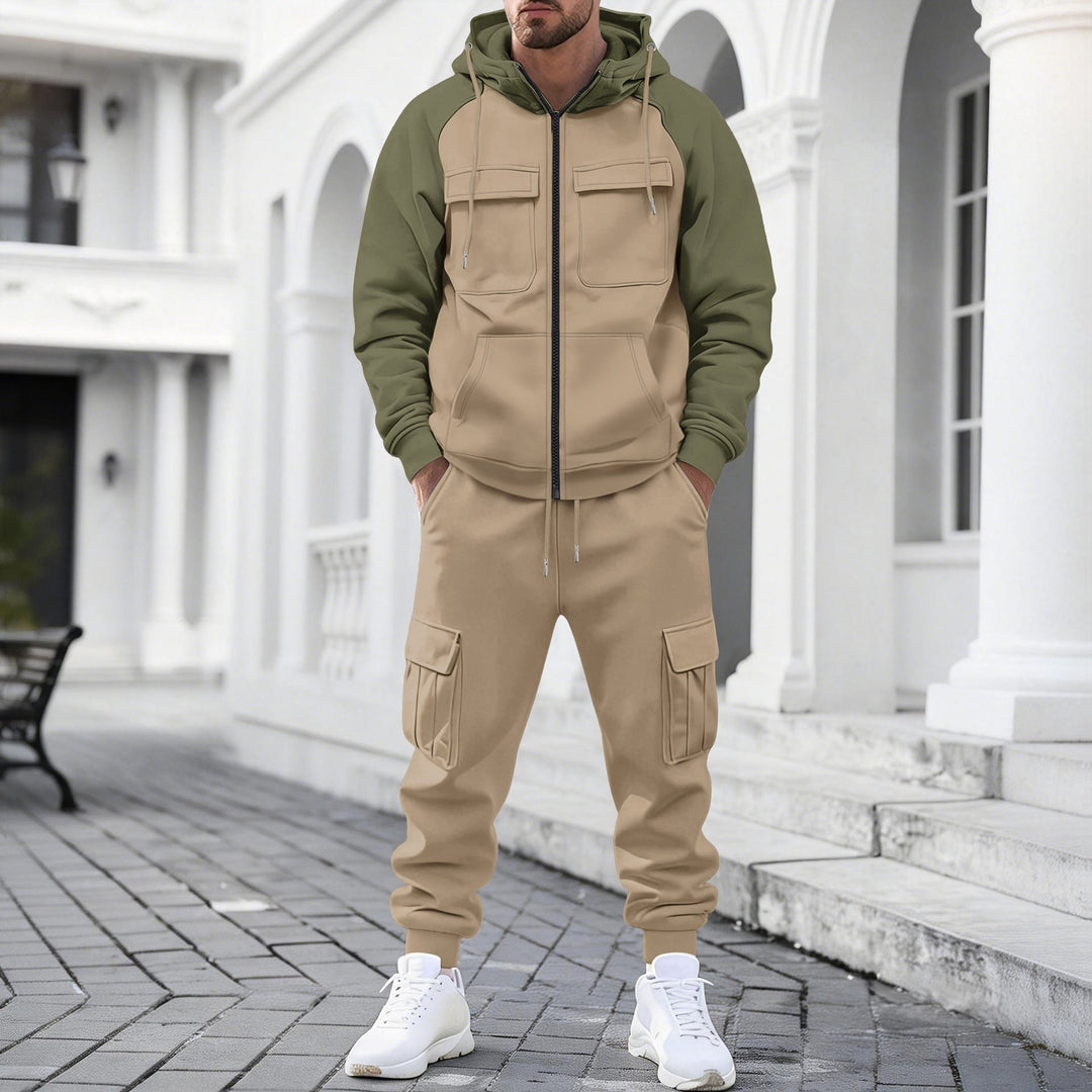 Herr med Dragkedja Luvtröja Sweat Set med Funktionell Cargo Byxor