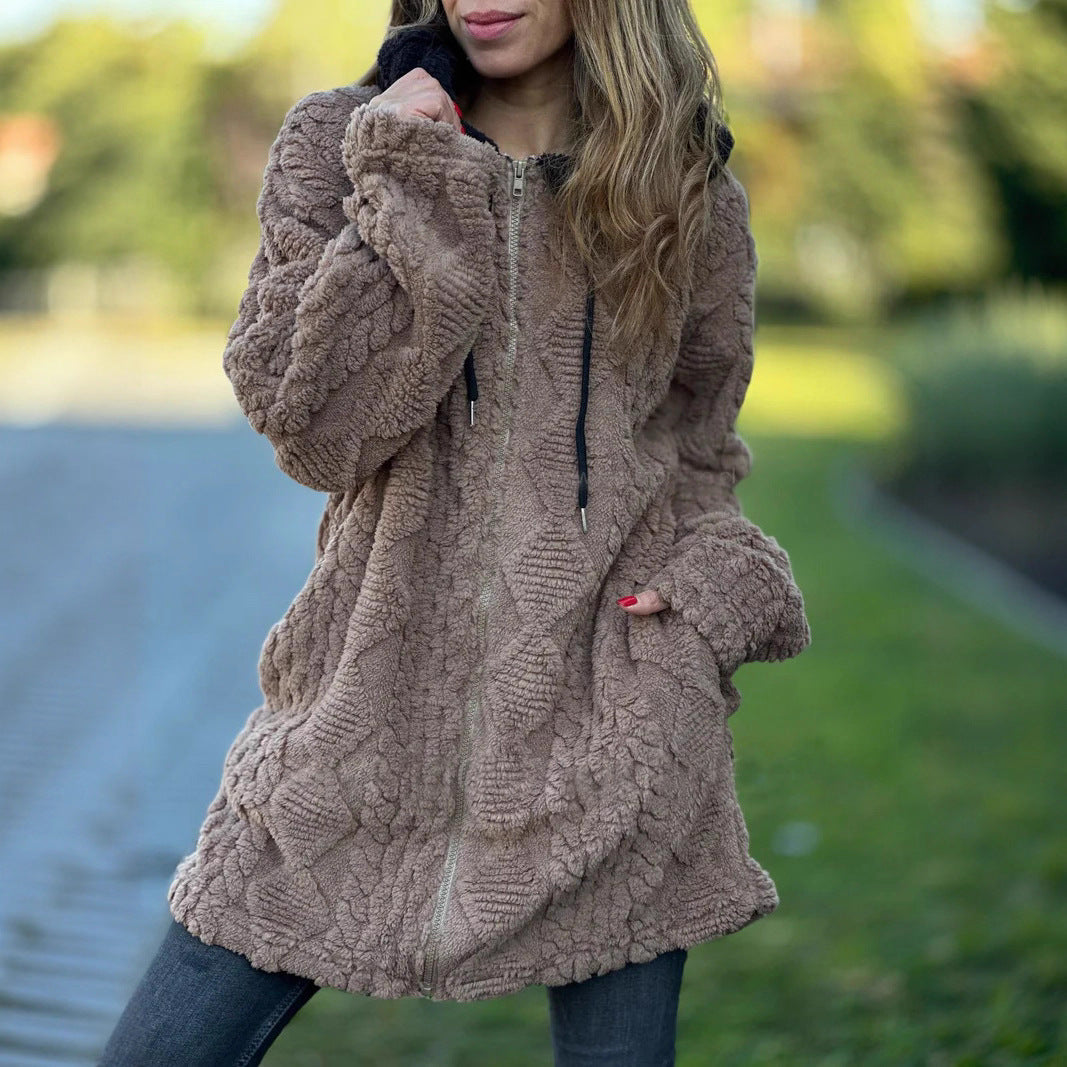Dam oversized teddy kappa jacka med kontrasterande huva, dragkedja, och sidofickor