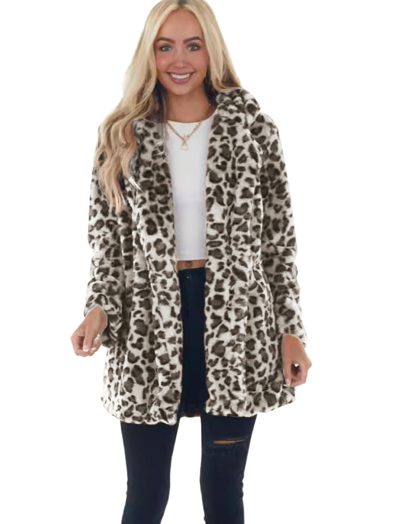 Dam Faux-Fur Leopard-tryck Hooded plysch Mid-Length kappa