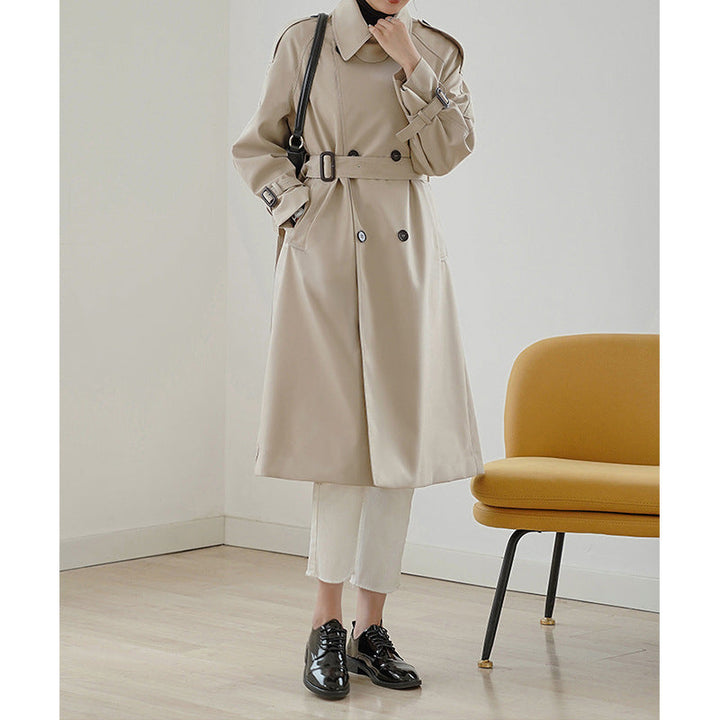 Dam lätt Knee-Length Double-Breasted trenchcoat gjord bomull Blend med Epaulettes och Buckle muddar
