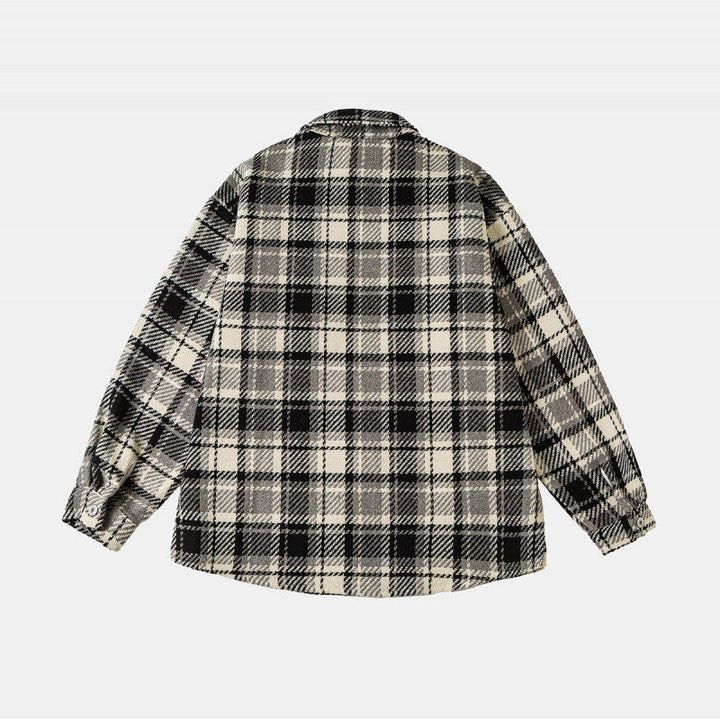 Unisex Rutig Overshirt Jacka i Shacket Stil med Patched Bröst Fickor och Avslappnad Oversized Passform