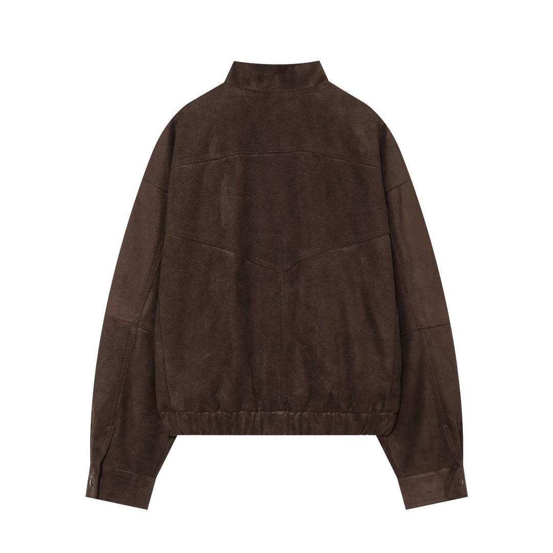 Dam Kort Suede Look Bomber med Dragkedja och Patch Fickor