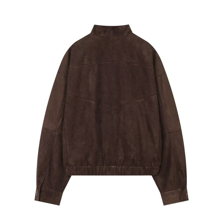 Dam Kort Suede Look Bomber med Dragkedja och Patch Fickor