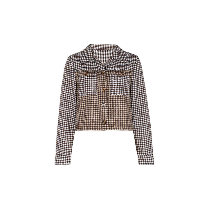 Dam Kort-Skärning Bouclé Övergångsjacka i Houndstooth med Lapp Bröst Fickor