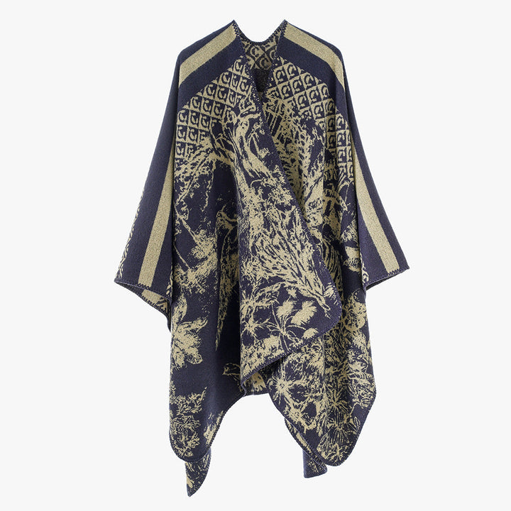 Dam jacquard stickad cape med ståkrage och graphic forest design