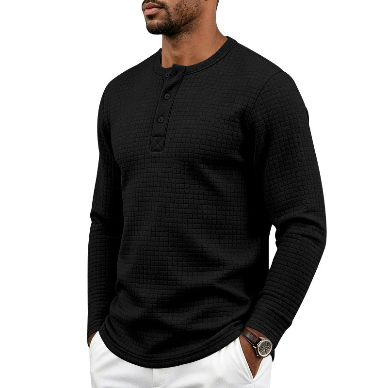 Herr Strukturerad Waffle Termisk Skjorta med Henley Knapplist och Rounded Fåll