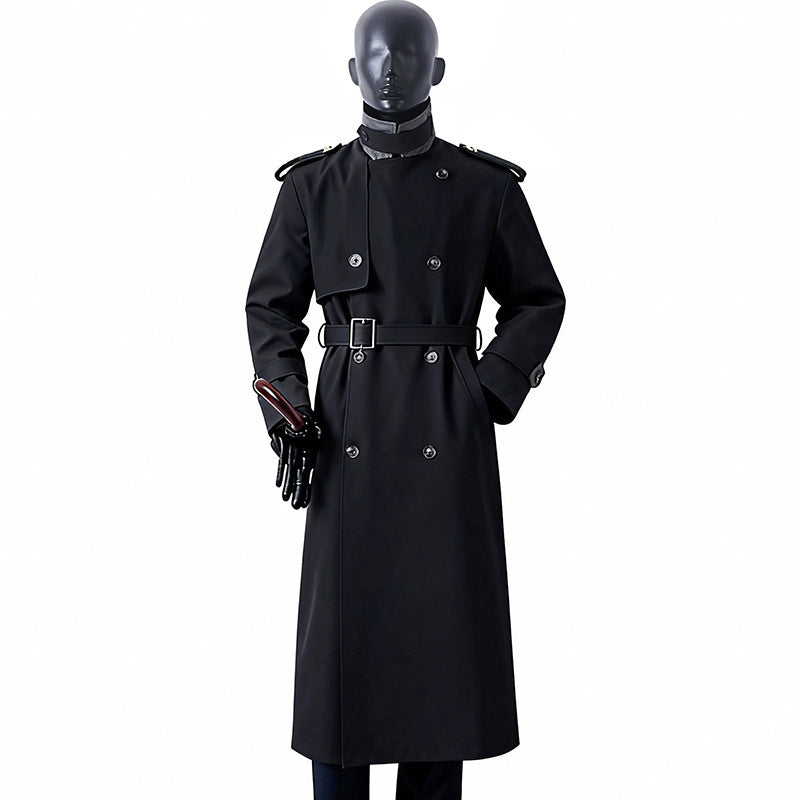 Herr Tidlös Maxi Lång Trench Kappa i Militär Stil med Storm Lock och Midja Bälte