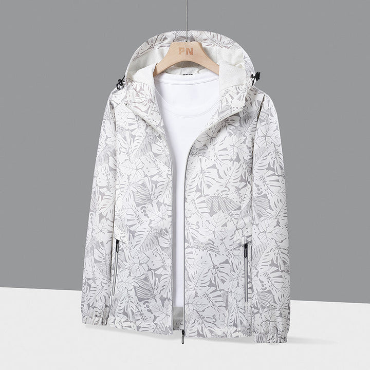 Herr lätt med huva Windbreaker med Botanical Heltäckande Tryck och elastiska muddar