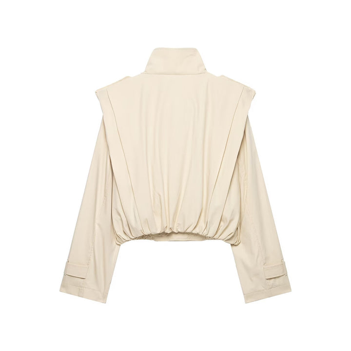 Dam Kort Double-Breasted Trench Jacka med Stå Krage, Epaulettes och Elastic Nederkant