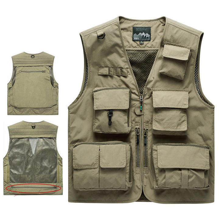Herr Multifunctional Utomhus Utility Väst med Mesh Bak, Flera Fram Fickor och Genomgående Dragkedja