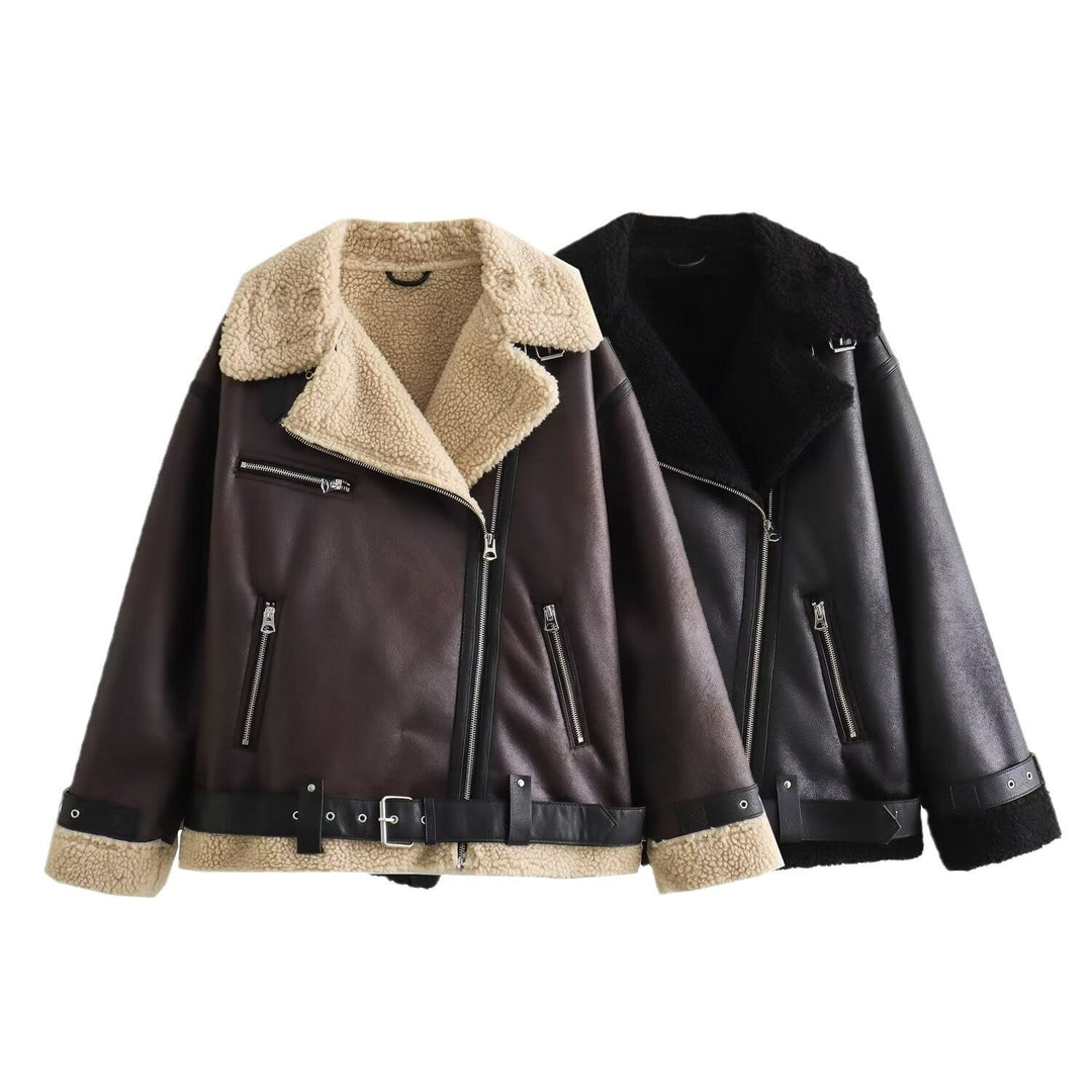 Dam aviator jacka in biker stil med teddyfoder, konstläder trim och midjebälte