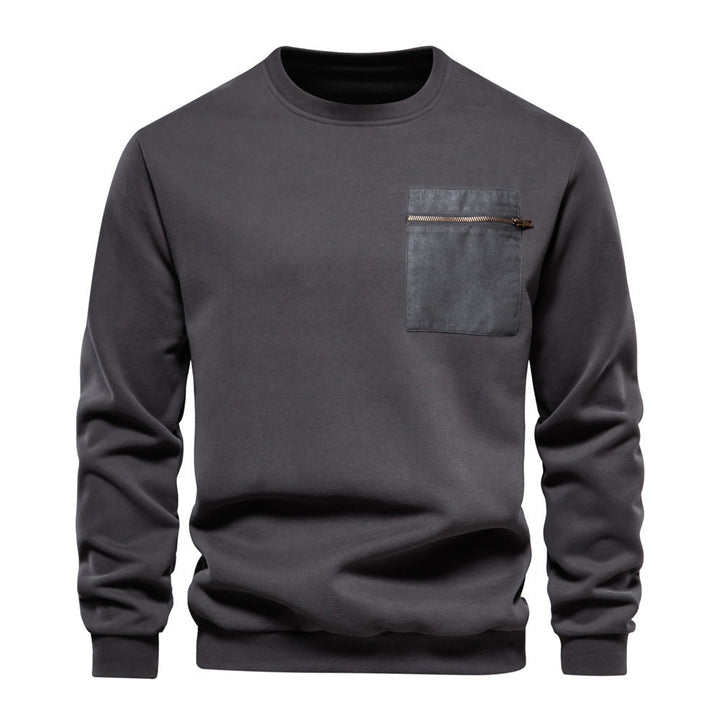 Herr Nano College-Tröja med Round Neck, Lapp Bröstficka med Horizontal Dragkedja och Ribbad Fåll