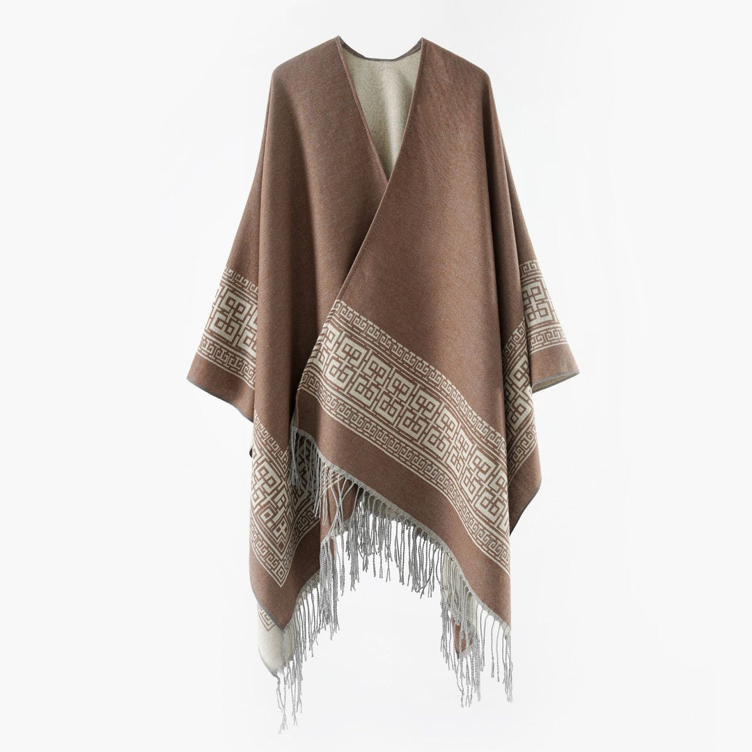 Dam Reversible ullblandning kimono stil Wrap med Ornamental Border och Decorative Fringes