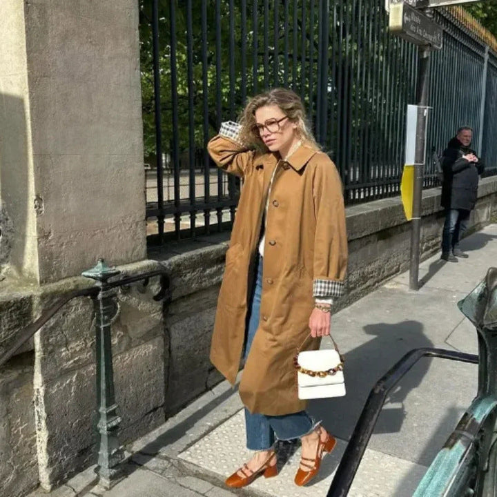 Dam 400+ Lång Skärning Trenchcoat med Raglan Ärmar och Dold Knapp Knäppning