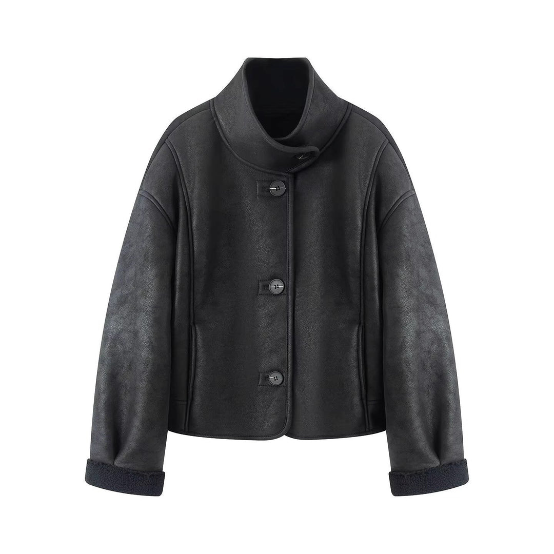 Dam Kort-Skärning Artificial Lambskin Jacka med Ståkrage, Knapp Stängning, och Foldable Faux-Fur Muddar