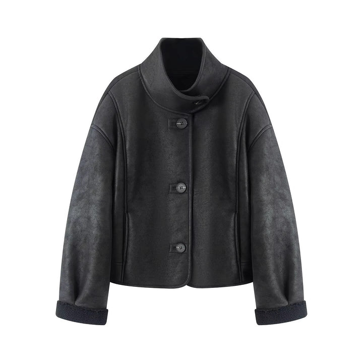 Dam Kort-Skärning Artificial Lambskin Jacka med Ståkrage, Knapp Stängning, och Foldable Faux-Fur Muddar