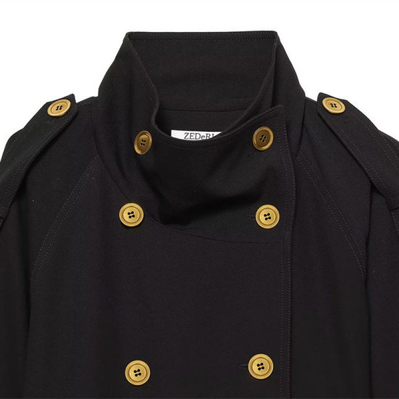Dam kort Double-Breasted trenchcoat med Waistbelt, Epaulettes och Gold-Colored detaljer
