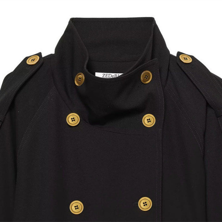Dam kort Double-Breasted trenchcoat med Waistbelt, Epaulettes och Gold-Colored detaljer