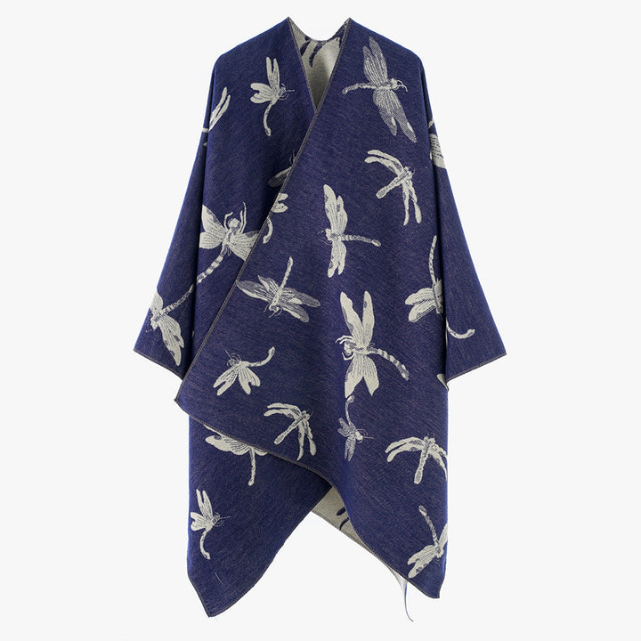 Dam Reversible Jacquard poncho med Dragonfly mönster