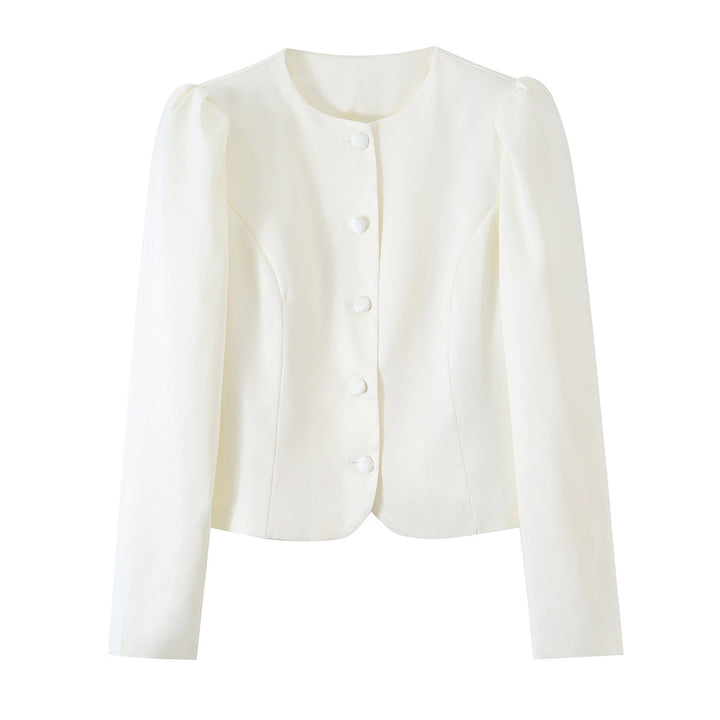Dam Fitted Blouse Jacka med Round Neckline, Puff Shoulders och Dold Knapp Knäppning