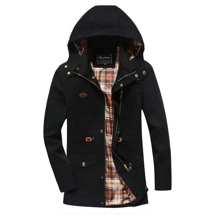 Herr Canvas Parka med Huva, Checkered Fodrad Interior och Utility Fickor
