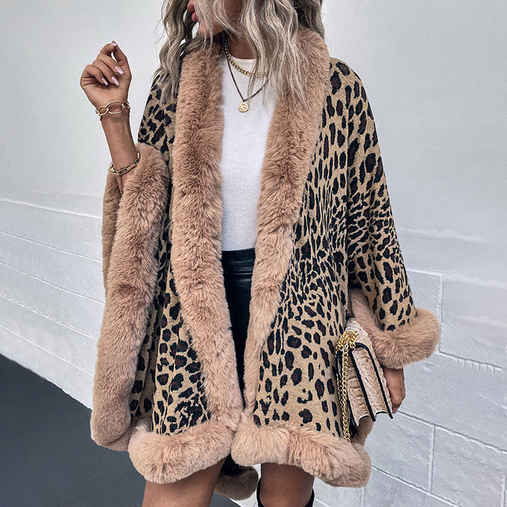 Dam Cozy Poncho med Luxurious Fusk Päls Trim och Leopard Tryck