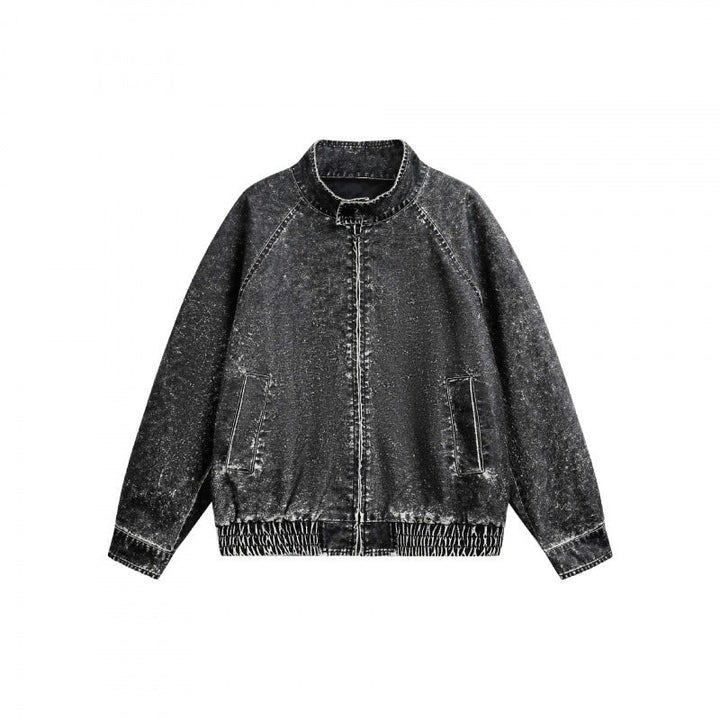 Herr short-cut arbeteer bomberjacka i slitna denim look med ståkrage, dold dragkedja, och elastisk fåll