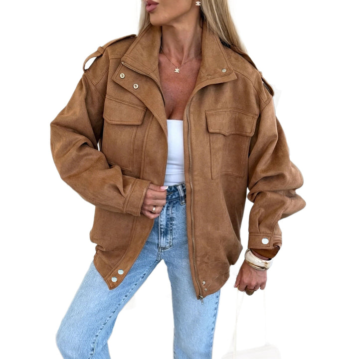 Dam oversize jacka in mocka look med bröstfickor och Epaulettes