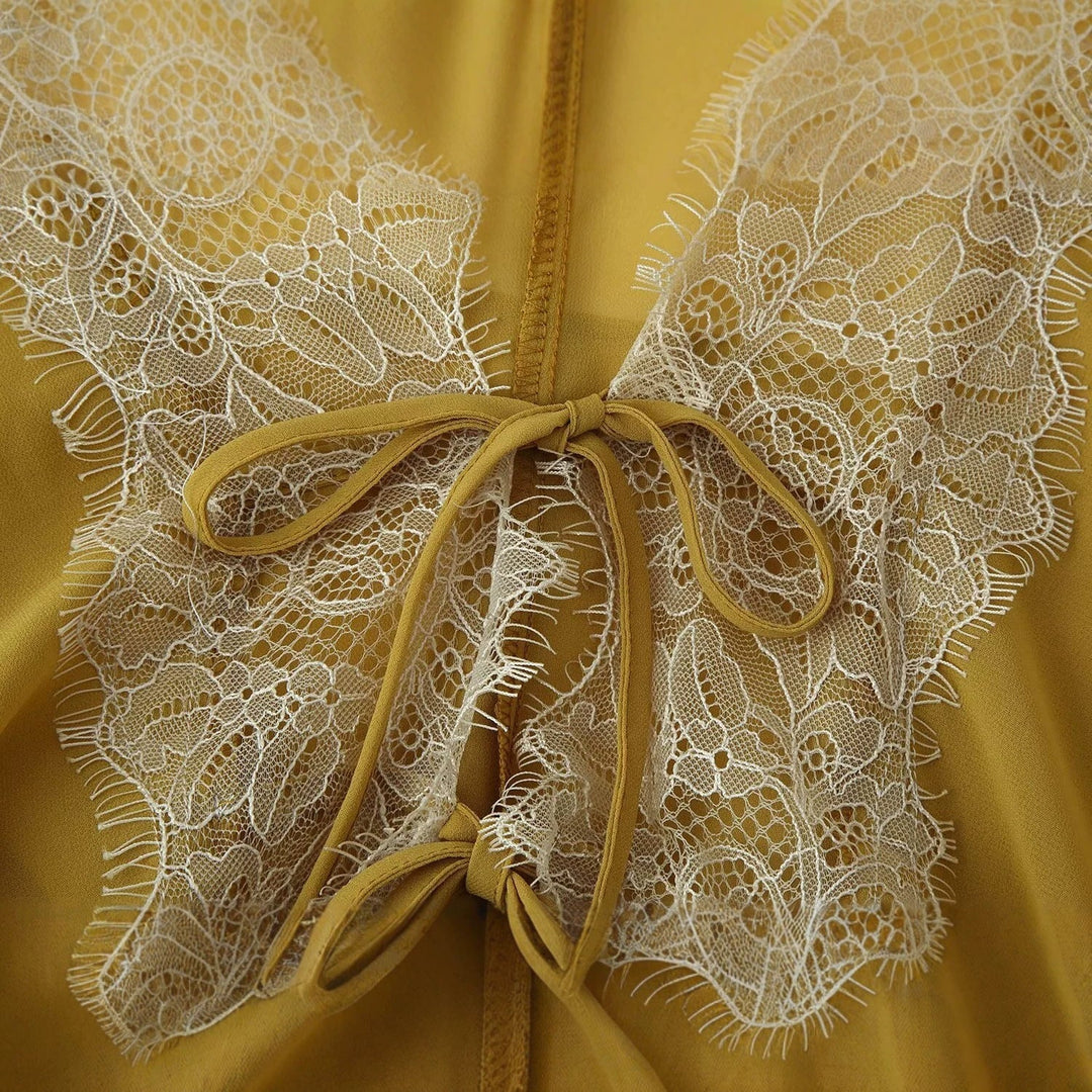 Dam lätt chiffong Kimono med Lace Trim och knytband
