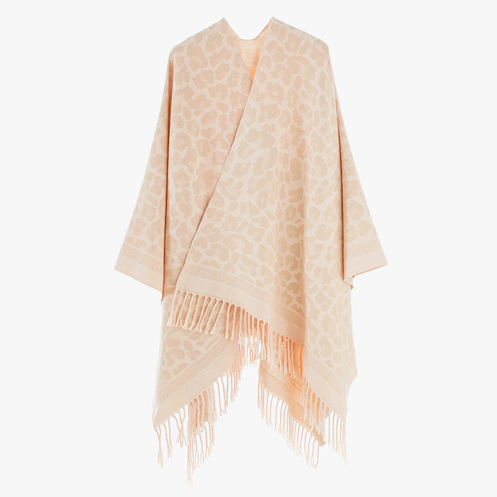 Dam Oversize Cape med Jacquard Leopard mönster, Open Fall och Fringes