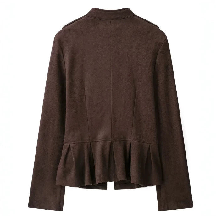 Dam Military Jacka Tillverkad av Suede Imitation med Stå Krage och Flounce