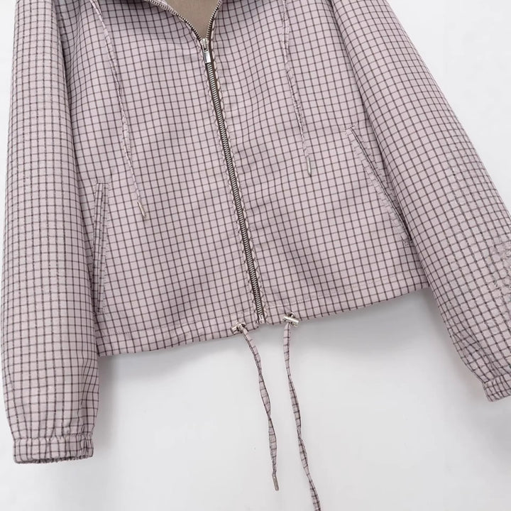 Dam Kort Skärning med Huva Jacka med Check Quiltad Mönster, Dragkedja och Drawstring