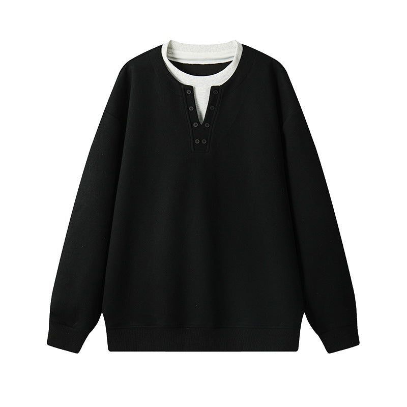Herr Henley College-Tröja med Knapplist, Oversized Passform &amp; Ribbstickade Muddar