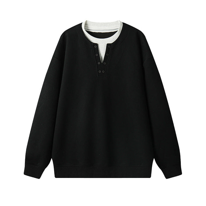 Herr Henley College-Tröja med Knapplist, Oversized Passform &amp; Ribbstickade Muddar