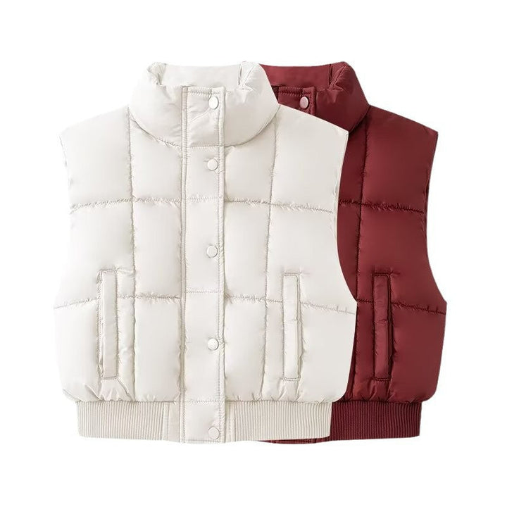 Dam Quiltad Kort Puffer Väst med Ståkrage och Ribbad Fåll