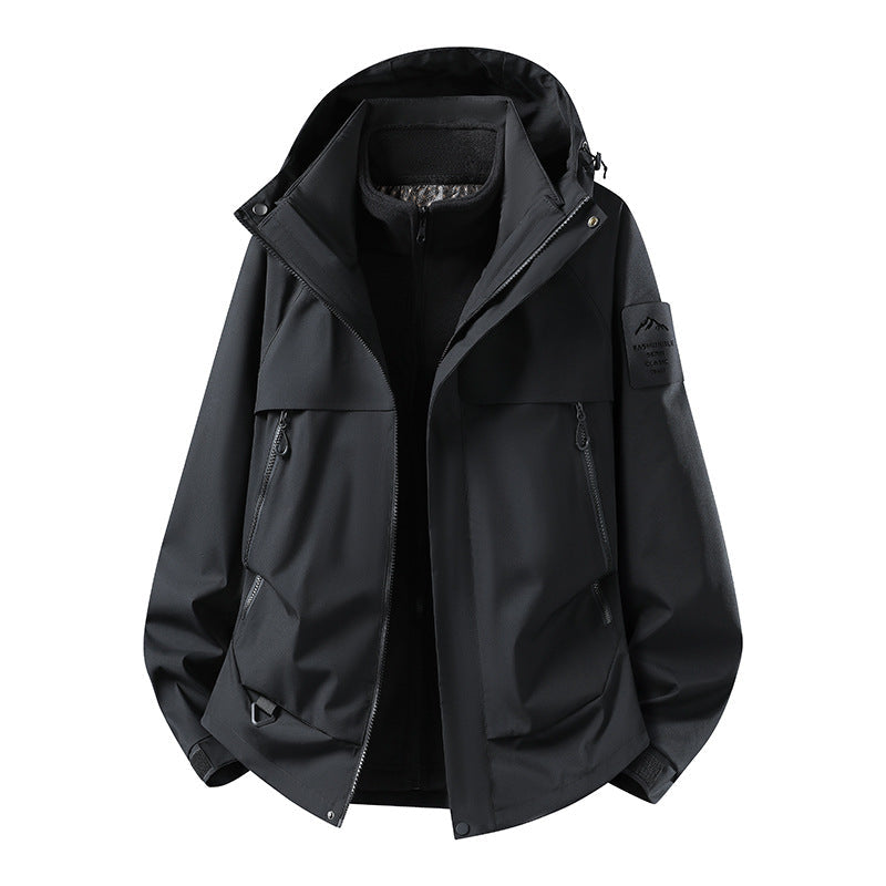 Herr modular vattentät utomhusjacka med avtagbar fleece inner jacka, huva, och fickor med dragkedja