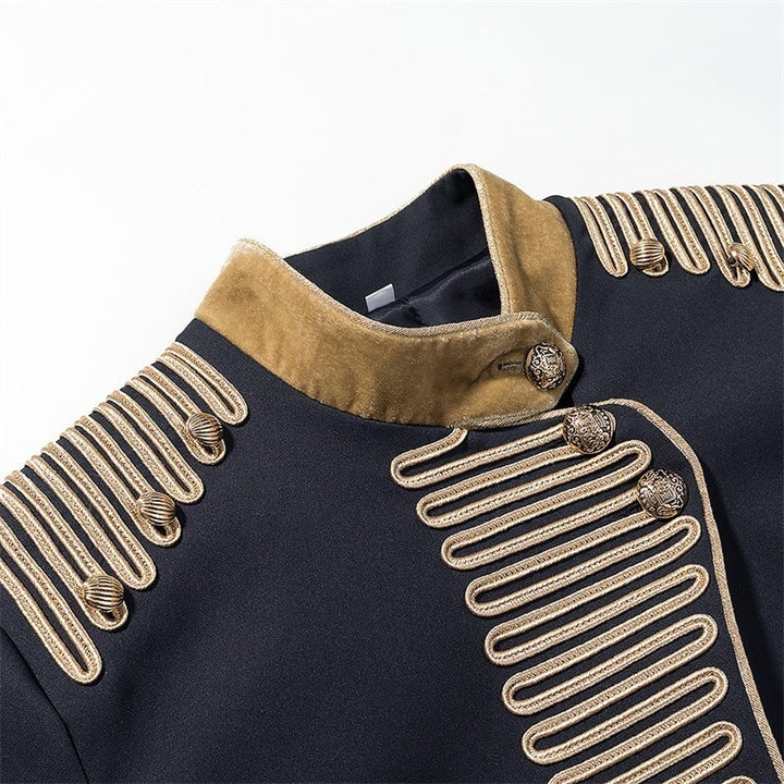 Dam Kort Militär-Inspired Jacka med Ståkrage, Decorative Cords, och Guld-Trimmed Muddar