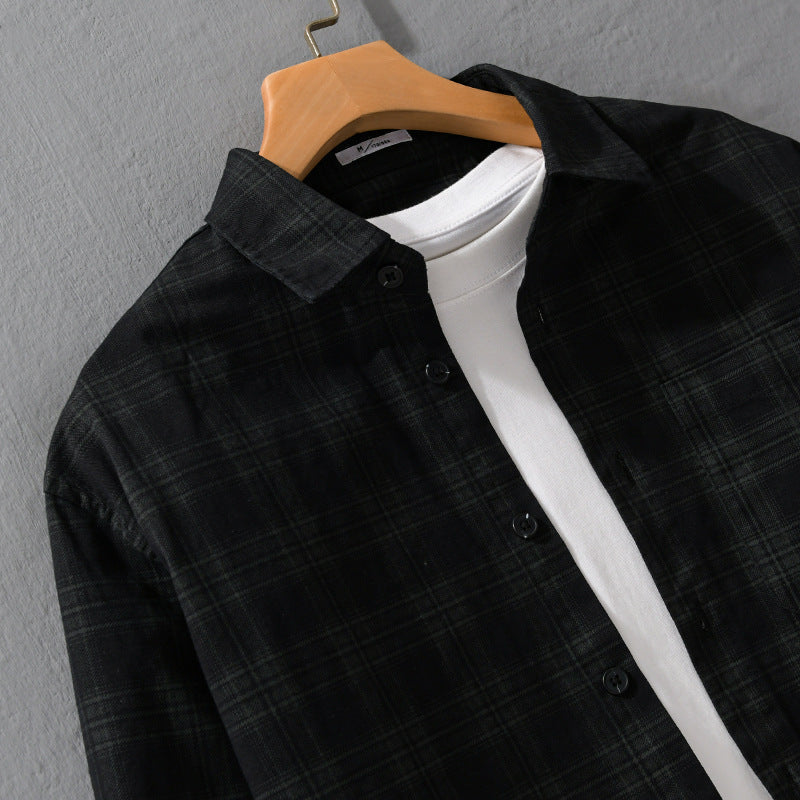 Herr Rutig Skjortjacka-Over Skjorta Tillverkad av Lätt Twill med Bröstficka
