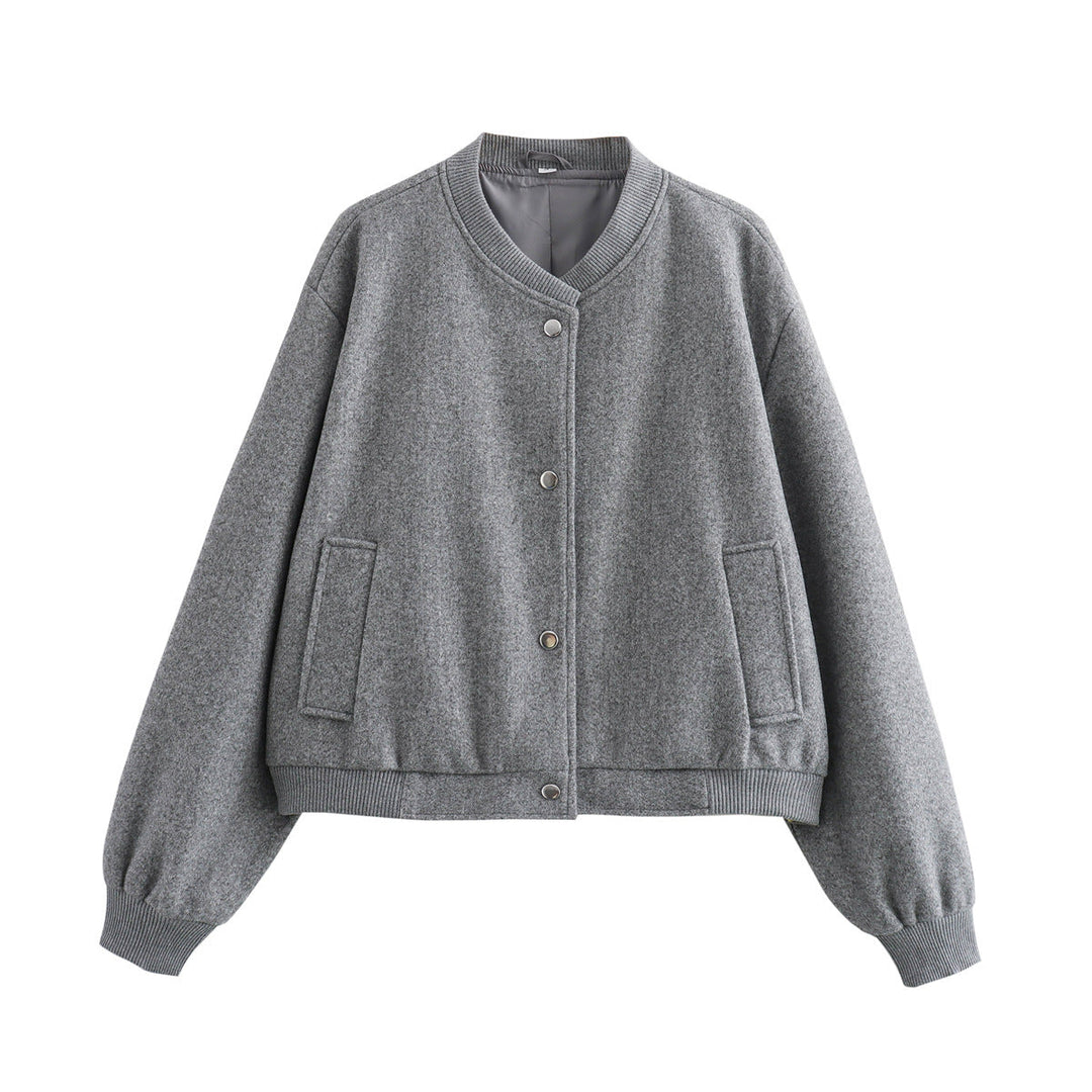 Dam Kort Oversize Collegejacka i Ull Blend med Tryckknapp Knapp Stängning, Side Fickor och Ribbed Muddar