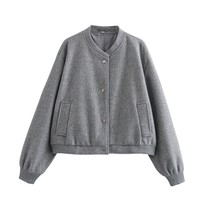 Dam Kort Oversize Collegejacka i Ull Blend med Tryckknapp Knapp Stängning, Side Fickor och Ribbed Muddar