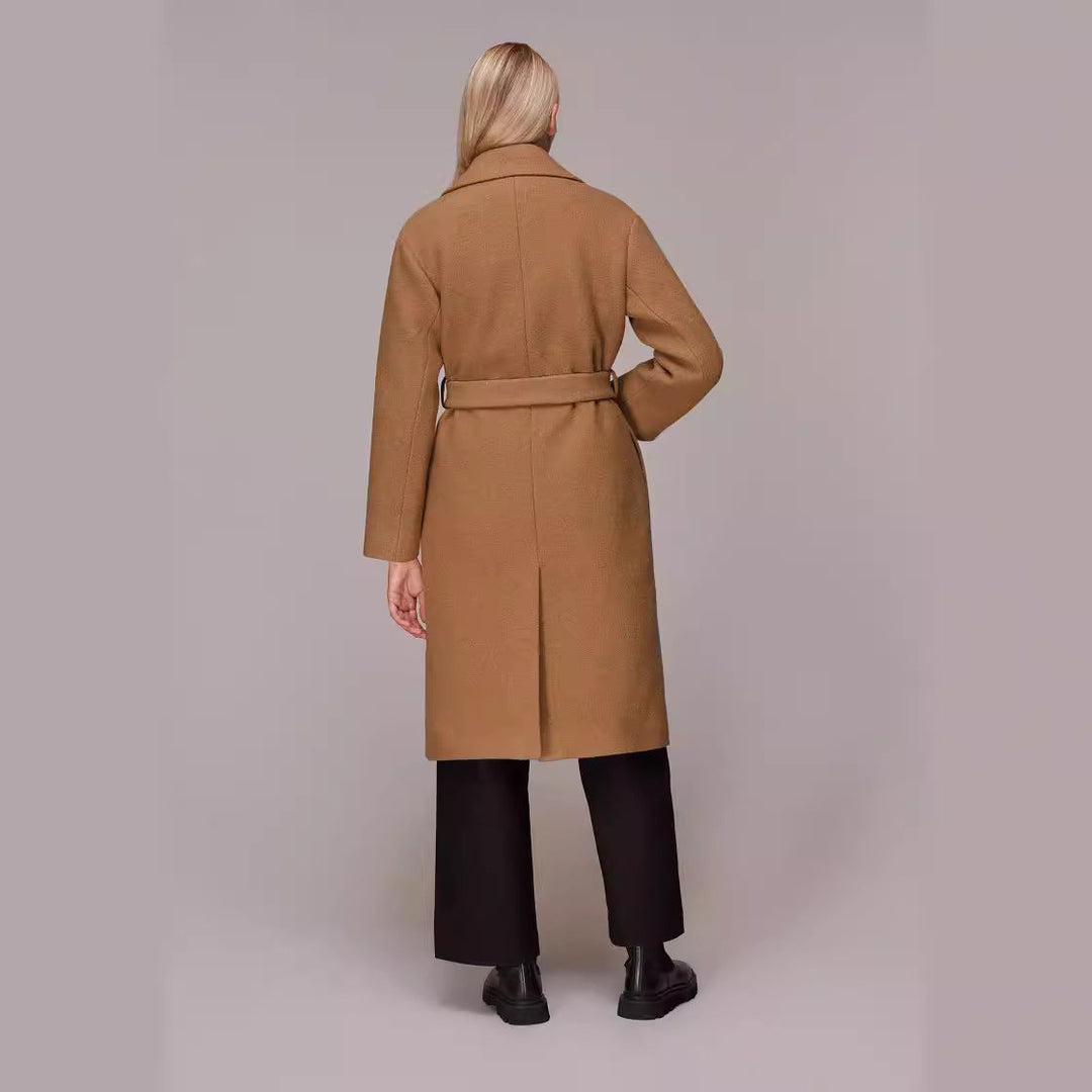 Dam Midi-Length ullblandning lång kappa med Minimal Shawl krage och Relaxed silhuett