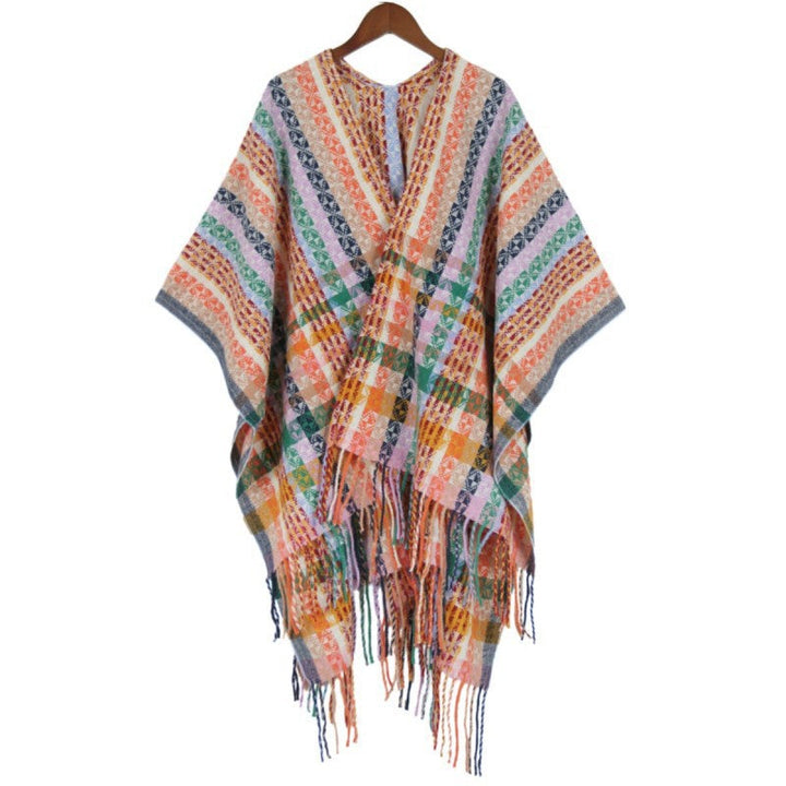 Dam Multicolored Woven poncho i Boho Patchwork design med Fringes