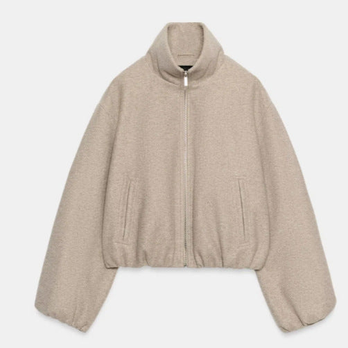 Dam Kort Skärning Bouclé Blouson Jacka med Stå Krage, Elastic Nederkant och Balloon Ärmar