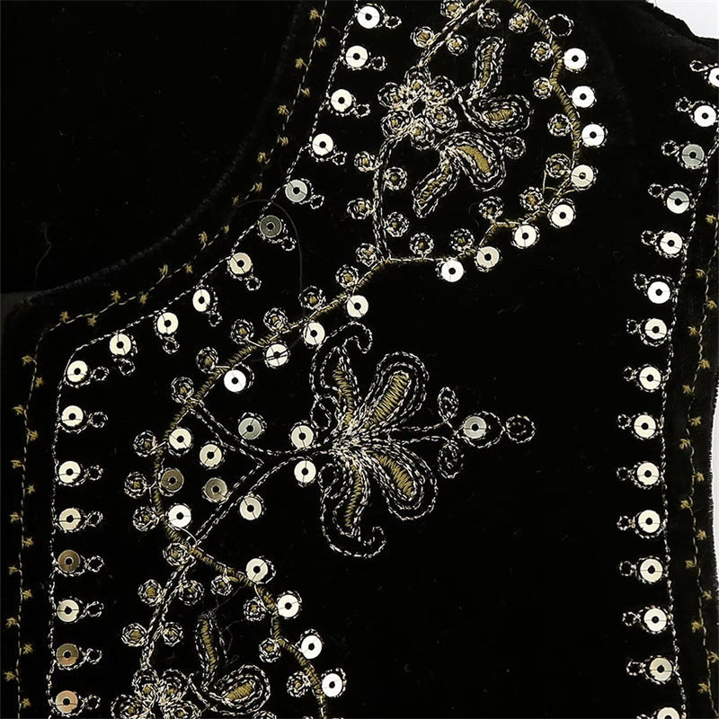 Dam Embroidered Velvet Kort Väst med Bead och Sequin Kant