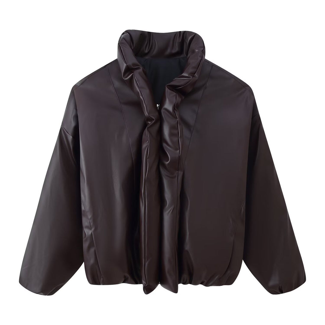 Dam Oversized Konstläder Blouson med Voluminous Ståkrage och Elastic Fåll