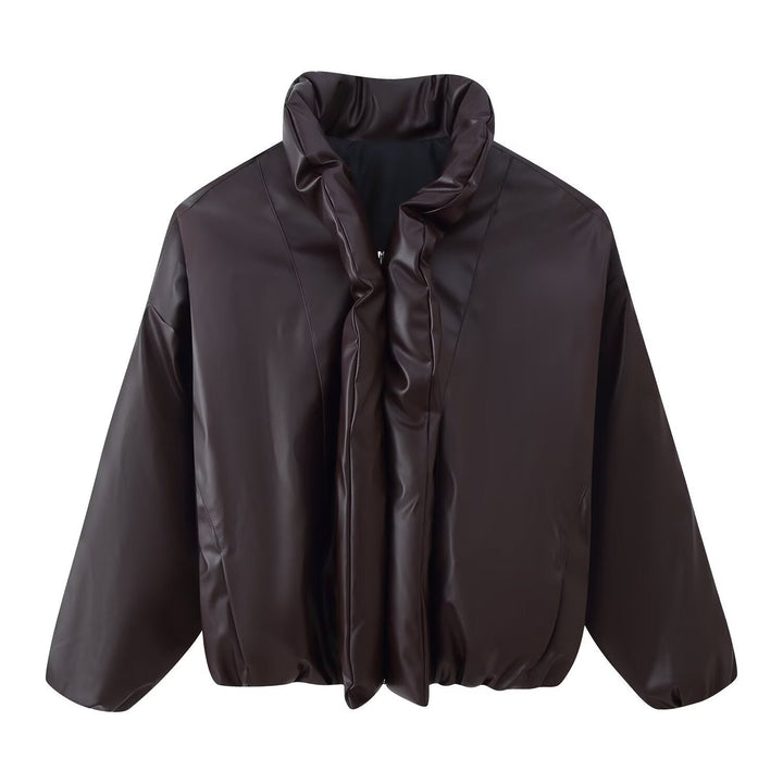 Dam Oversized Konstläder Blouson med Voluminous Ståkrage och Elastic Fåll