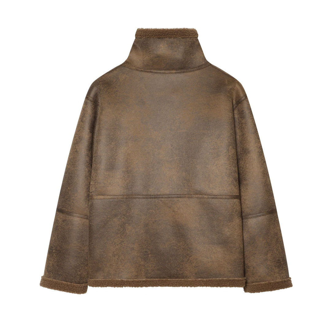 Dam Kort Jacka i Lambskin Look med Hög Stå Krage Buckle och Patch Fickor